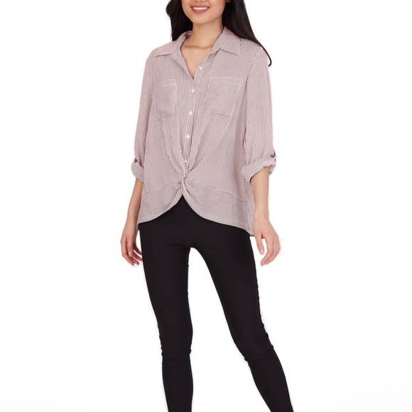 BCX Twist Front Button Up 3/4 Sleeve Striped Shirt - Picture 2 of 8